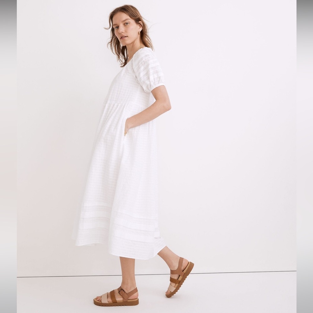 Madewell White Midi Dress with Textured Stripe Detail